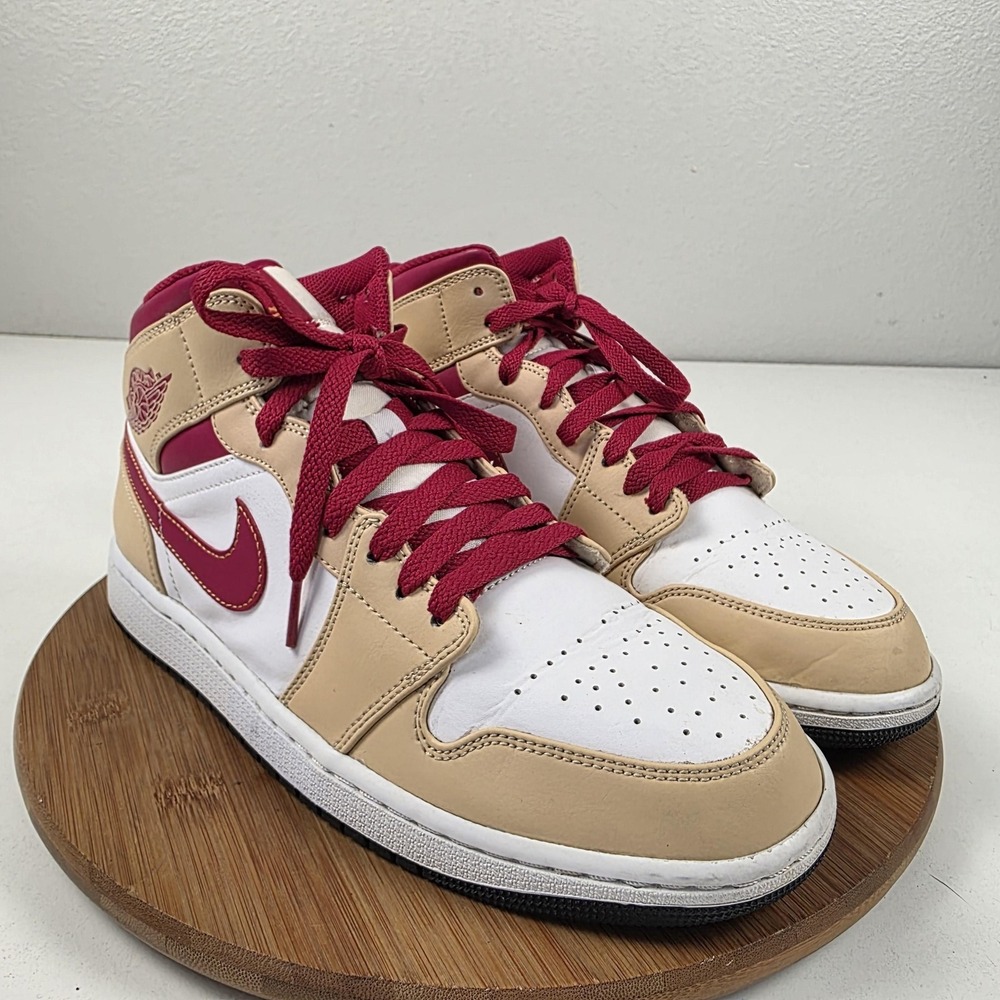Air Jordan 1 Mid Shoes Mens Size 10.5 Tan Red White Leather Sneakers 554724-201 - Picture 5 of 16